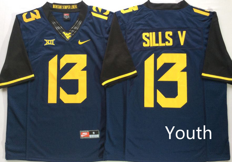 Youth West Virginia Mountaineers #13 Sills V Blue Nike NCAA Jerseys